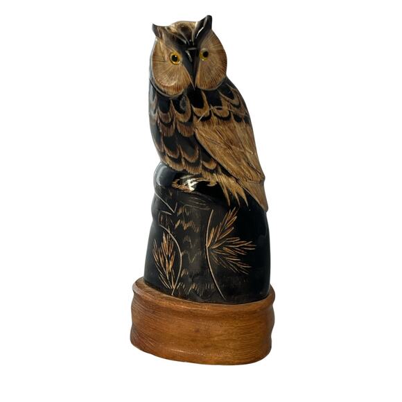 VTG Owl Buffalo Horn Hand Carved Wooden Base 6 3/4”Very Good Condition! - Picture 1 of 5